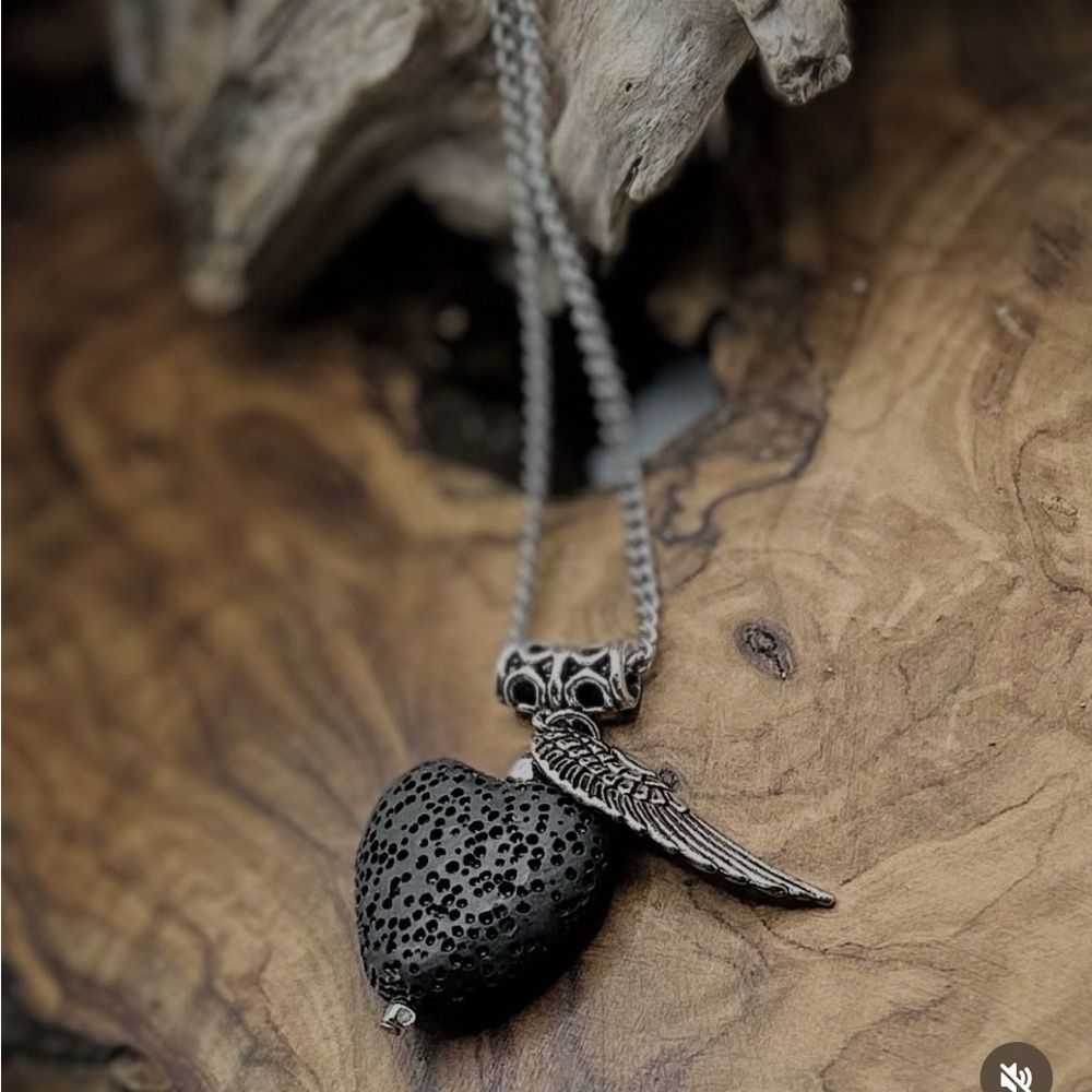 Elegant Black Lava heart and Silver Heart Wing Necklace